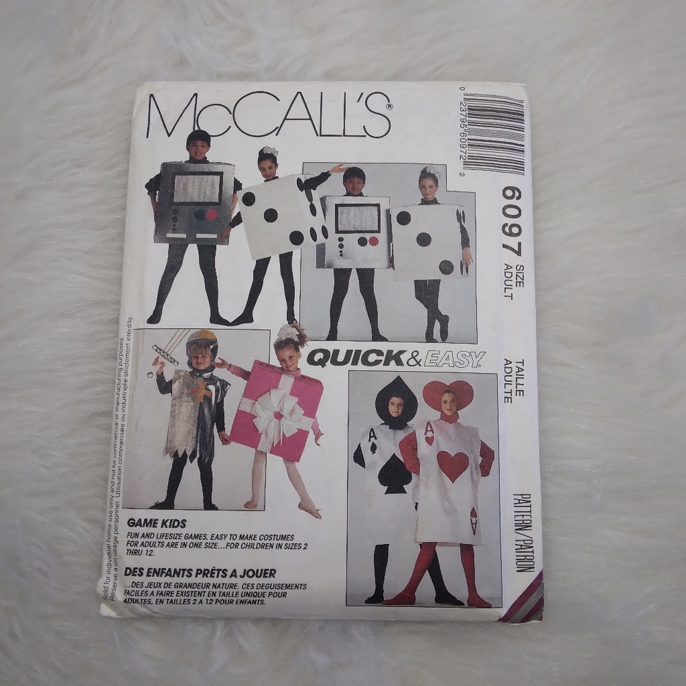 MCCALL'S 6097 Quick & Easy Kids Costumes Playing Card, Game Boy, Dice, Present